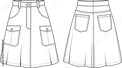 Women A line skirt front and back view technical fashion flat with pocket details