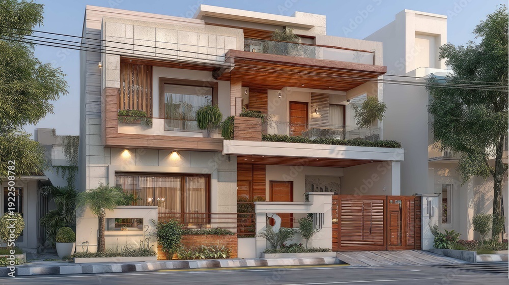 Fototapeta premium Modern residential building with wooden accents and lush greenery in an urban setting featuring unique architectural design
