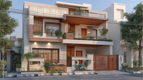 Modern residential building with wooden accents and lush greenery in an urban setting featuring unique architectural design