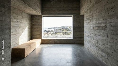 Minimalist concrete room featuring a wooden bench and large window offering expansive views of rugged ocean coastline and distant horizon, communicating solitude and introspection