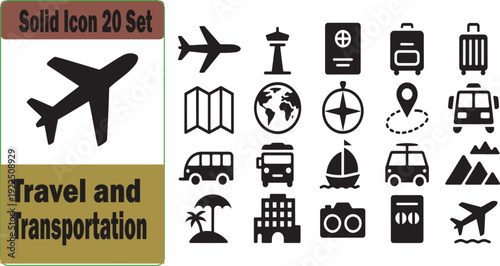 Collection of travel and transportation icons including vehicles and landmarks on transparent background