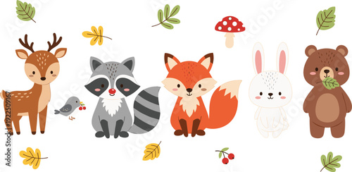 Cute Forest Animals Vector Character Set with Deer Raccoon Fox Rabbit and Bear Isolated on White Background for Kids Design