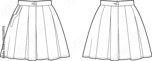 Women high waist pleated skirt front and back view A line midi skirt illustration