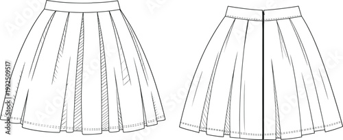 Women pleated skirt front and back technical fashion flat vector illustration design template