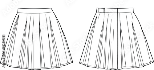 Women pleated skirt high waist flared silhouette front and back view fashion flat illustration