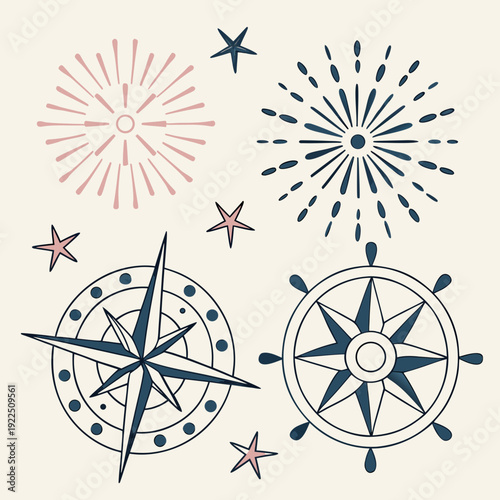 Nautical-themed set of hand-drawn icons including compass rose, ship wheel, fireworks, and stars in a soft pink and navy blue palette on a pale background.