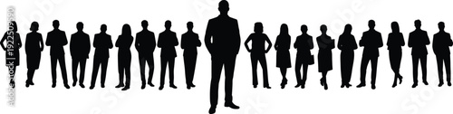 Business team silhouette group, corporate leadership concept with confident professionals standing together isolated on white background representing teamwork unity success