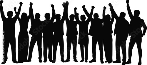 Celebrating crowd silhouette, diverse people raising hands in unity success teamwork concept, group cheering isolated on white background
