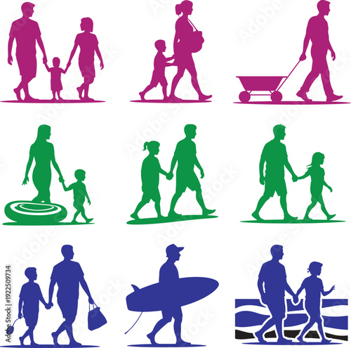 Set of colorful silhouettes of people and children walking together in different scenarios on transparent background