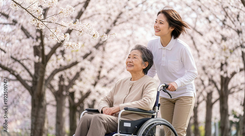 桜を見つめる車椅子に乗るシニア女性と若い介護士