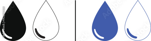 water drop icon isolated on white background, vector illustration of liquid droplets in solid and outline styles for hydration, environment, and healthcare concepts.