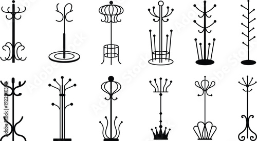 Coat rack silhouettes collection, artistic furniture designs, decorative household items, modern abstract hooks, stylish interior decor, vector illustration, creative lifestyle stock art