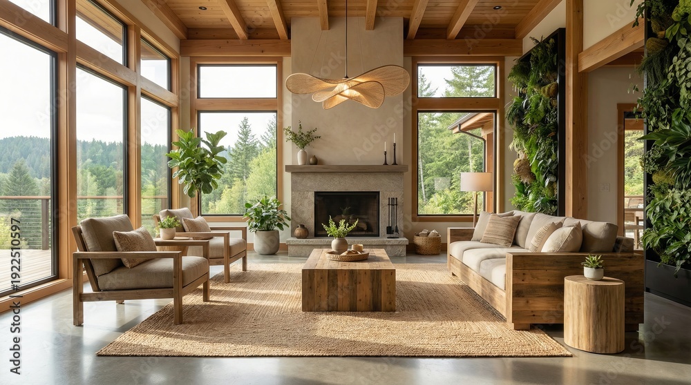 Fototapeta premium Spacious living room featuring wooden furniture, a cozy fireplace, large windows revealing a lush forest view, and two large vertical gardens creating a harmonious and natural living space