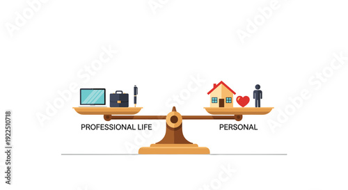 Golden balance scale with professional life items and text on left and personal items and text on right, perfectly balanced.