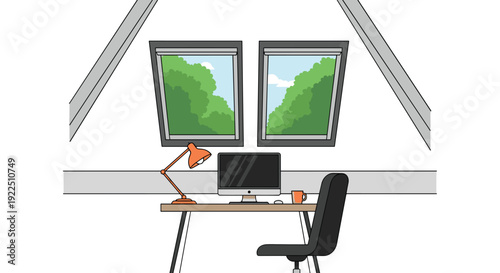 Modern home office setup under an attic roof with two skylight windows, featuring a computer, desk, chair, and lamp.