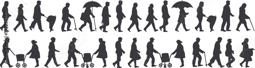 Diverse crowd silhouette collection, people walking with umbrellas canes strollers and bags, urban pedestrian lifestyle illustration isolated on white