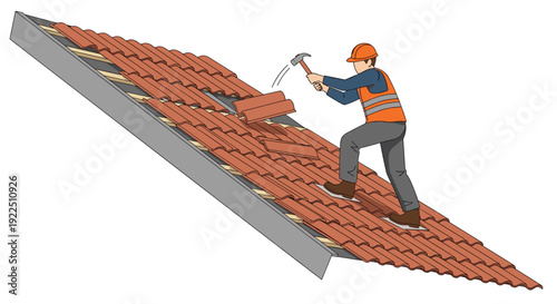 Construction worker in a safety vest and hard hat removing old roof tiles with a hammer on a steep residential roof.