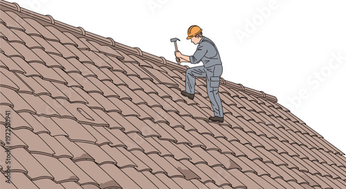 Construction worker in a hard hat and overalls standing on a tiled roof, repairing damaged roof tiles with a hammer.