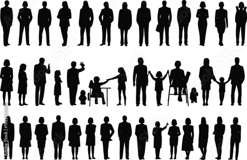 Diverse family and business people silhouettes collection, men women children and elderly isolated on white background, inclusivity concept