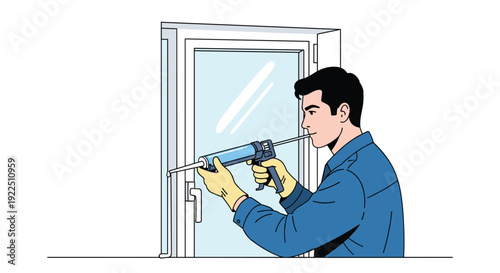 Young man wearing gloves using a caulk gun to seal the frame of a modern white door, working carefully.
