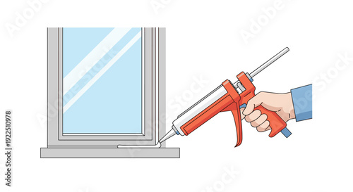 Hand using a caulk gun to apply sealant along the bottom edge of a window frame during a sealing process.