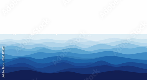 Abstract blue waves create layered horizontal pattern, showing gentle water movement against white background. Dynamic blue waves illustrate tranquil ocean surface, ideal for serene design.
