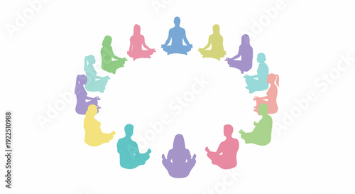 Colorful meditation circle with diverse human silhouettes sitting in lotus position, forming harmonious spiritual yoga group.