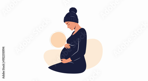 Illustration of pregnant woman in dark clothing, gently holding belly, wearing beanie. Expectant mother shows serene anticipation, calm pregnant woman profile against minimalist background.