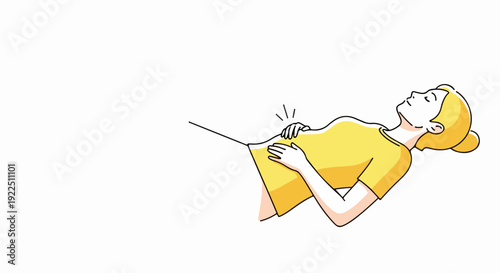 Woman experiencing stomach pain, lying on back with hands on abdomen, indicating discomfort. Female figure in yellow shirt illustrates stomach pain, depicting digestive issues or cramps.