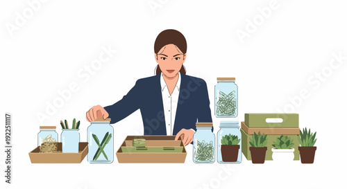 Woman implements eco friendly practices, arranging green plants dried herbs in glass jars with recyclable boxes. Displays thoughtful eco friendly organization,
