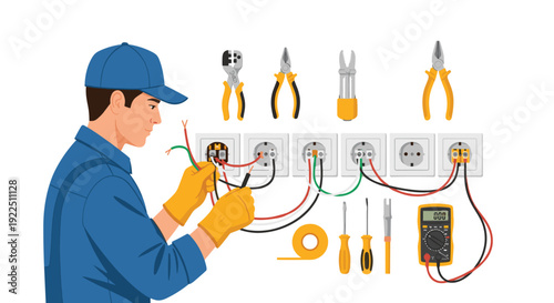 Electrician wearing gloves and cap working on multiple electrical wall sockets, holding wires and a meter, with various tools.