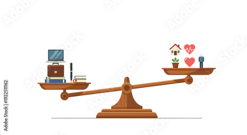 Wooden balance scale with laptop, briefcase, books on one side and house, plant, heart, person on the other, personal heavier.