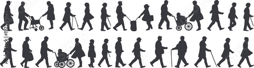 Diverse pedestrian crowd silhouettes, people walking with wheelchair stroller cane and luggage, urban lifestyle illustration isolated on white