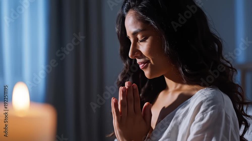 Young woman with Folded Hands Praying Quietly at Night, Peaceful Face in Soft Evening Light, Moment of Deep Faith, Hope, Spirituality and Mindfulness, Seeking Inner Peace and Personal Reflection.