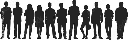 Diverse people silhouette group standing together, men and women team lineup, community unity concept vector illustration isolated