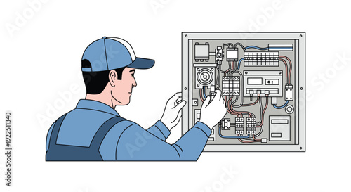 A male electrician in a cap and blue uniform with gloves works on a complex open electrical control panel system.