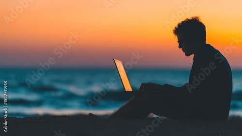 Summer for digital nomads, A person sits on the beach at sunset, working on a laptop with the ocean and colorful sky in the background.