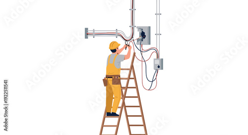 An electrician in a yellow uniform and hard hat is working on an electrical panel from a ladder on a wall.