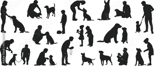 Dog training and pet owner silhouettes collection, people interacting with puppies isolated on white background showing care obedience companionship lifestyle