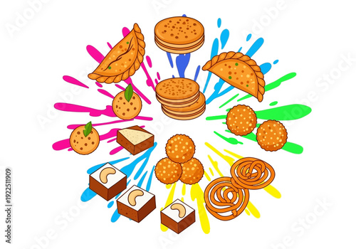 Assortment of Indian sweets and snacks arranged around colorful paint splatters