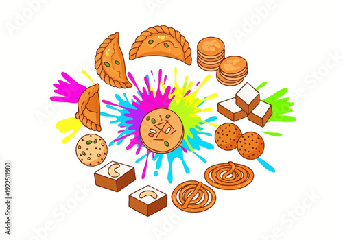Cartoon illustration of Indian sweets arranged around colorful Holi powder splashes