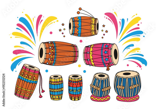 Colorful illustration of various Indian drums surrounded by festive bursts
