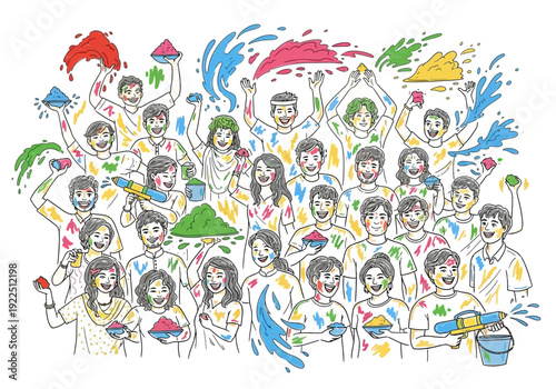 Drawing of a large group of people celebrating Holi with colored powders and water guns