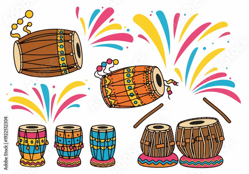 Illustration of various Indian percussion instruments with colorful confetti bursts