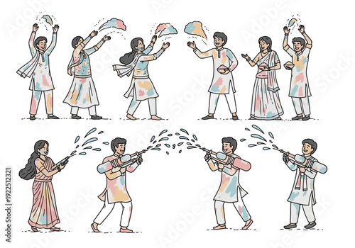 Line art illustration of people celebrating Holi with colored powder and water guns
