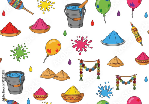 Seamless pattern of colorful Holi festival elements on a white background
