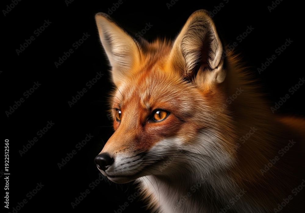 Fototapeta premium Red fox portrait close up headshot isolated on black background looking away in profile