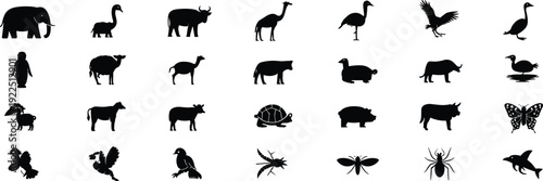 Farm and wild animal silhouettes collection, birds insects and mammals isolated on white background, black vector set