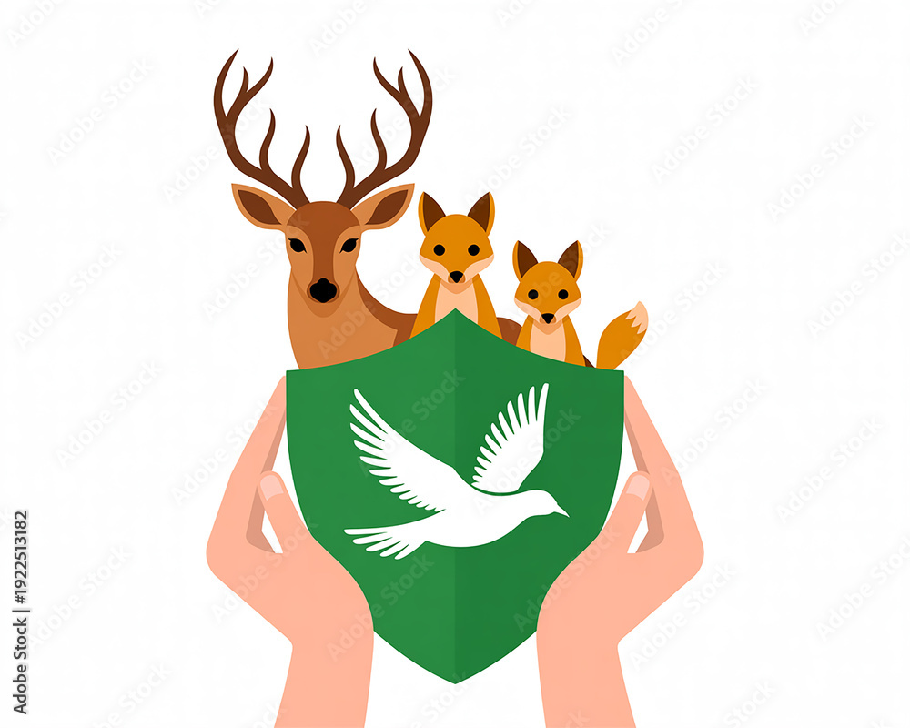 Fototapeta premium Hands Holding Shield with Animals and Dove