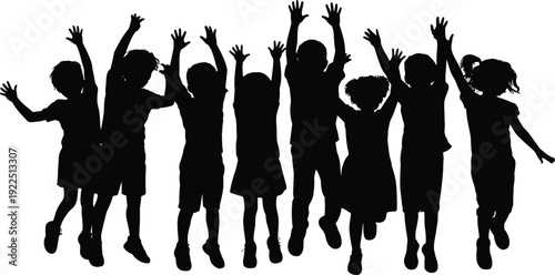 Group of happy children jumping silhouettes, playful kids with raised hands isolated on white background, joyful childhood concept